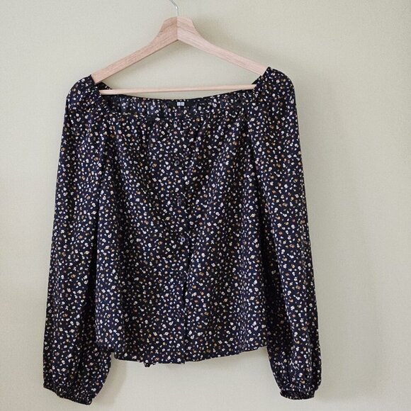 Uniqlo Tops - Uniqlo Top Women XL Black Multi Ditsy Floral AOP Puff LS Square Neck Boho Whimsi
